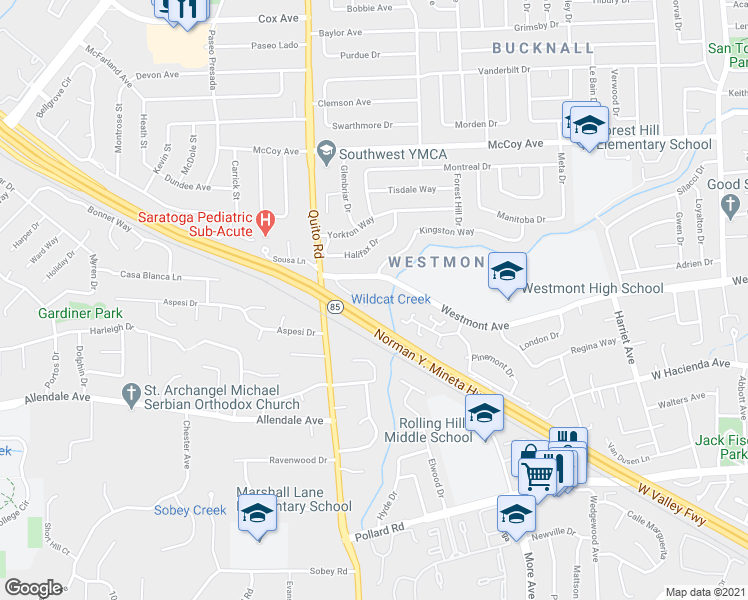 map of restaurants, bars, coffee shops, grocery stores, and more near 4978 Westmont Avenue in San Jose