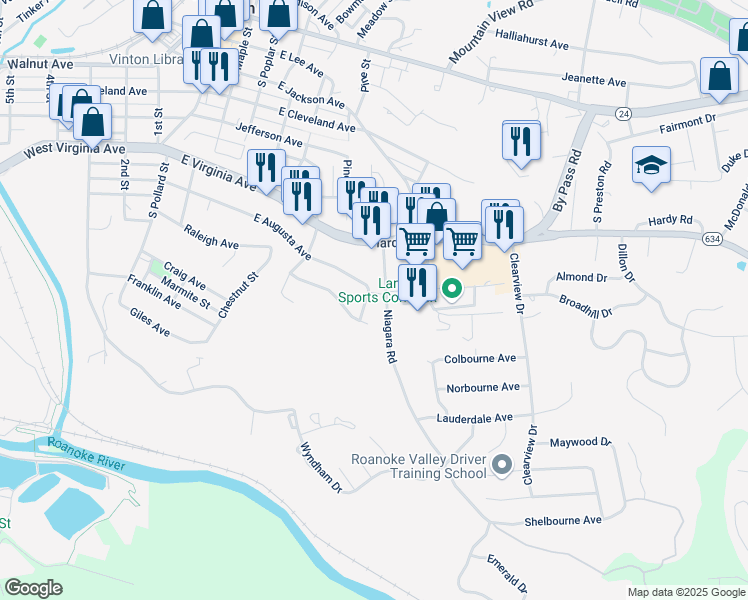 map of restaurants, bars, coffee shops, grocery stores, and more near 666 East Augusta Avenue in Vinton