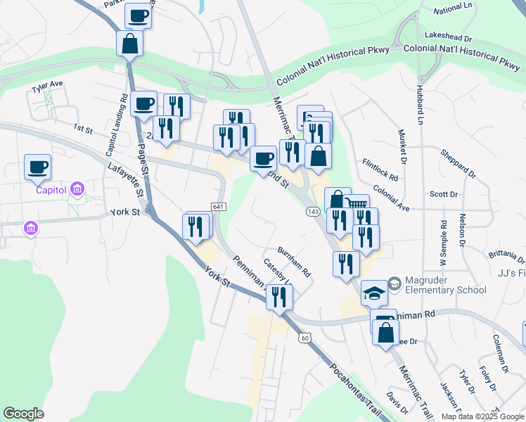 map of restaurants, bars, coffee shops, grocery stores, and more near 478 Catesby Lane in Williamsburg