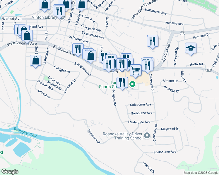 map of restaurants, bars, coffee shops, grocery stores, and more near 666 East Augusta Avenue in Vinton