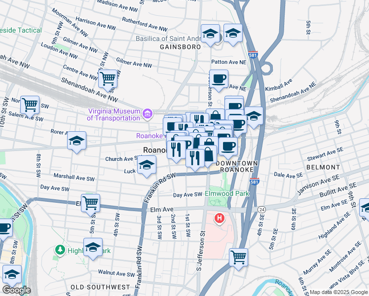 map of restaurants, bars, coffee shops, grocery stores, and more near in Roanoke