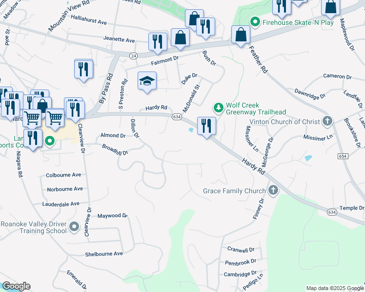 map of restaurants, bars, coffee shops, grocery stores, and more near 601 Aragona Drive in Vinton