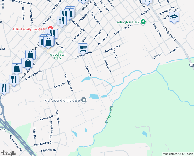 map of restaurants, bars, coffee shops, grocery stores, and more near 3400 Garland Avenue in Hopewell