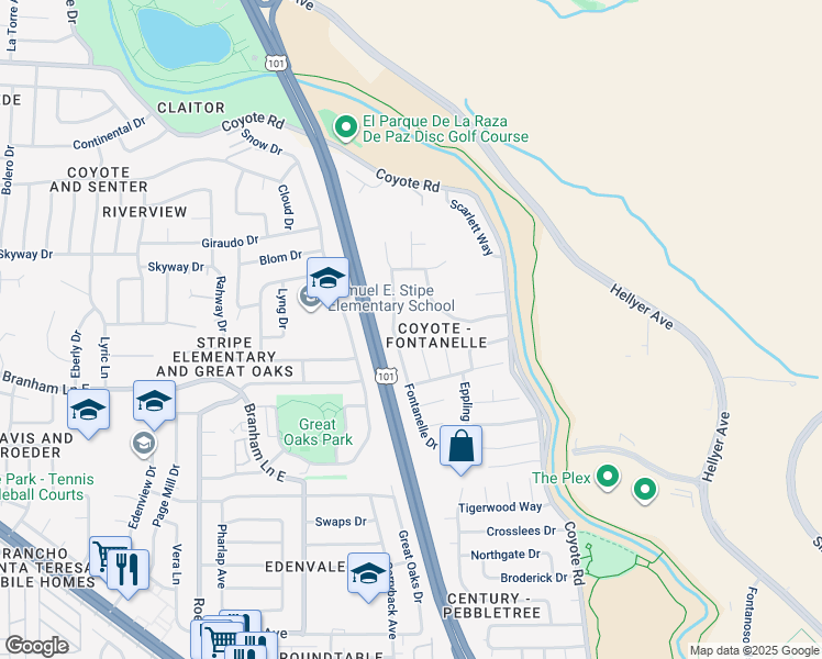 map of restaurants, bars, coffee shops, grocery stores, and more near 4945 Berkeland Court in San Jose