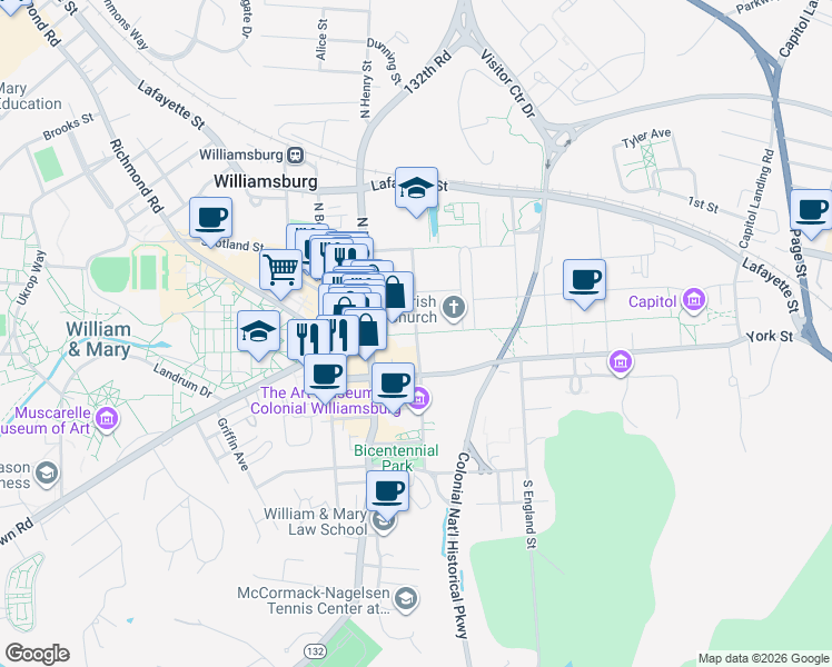 map of restaurants, bars, coffee shops, grocery stores, and more near West Duke of Gloucester Street in Williamsburg