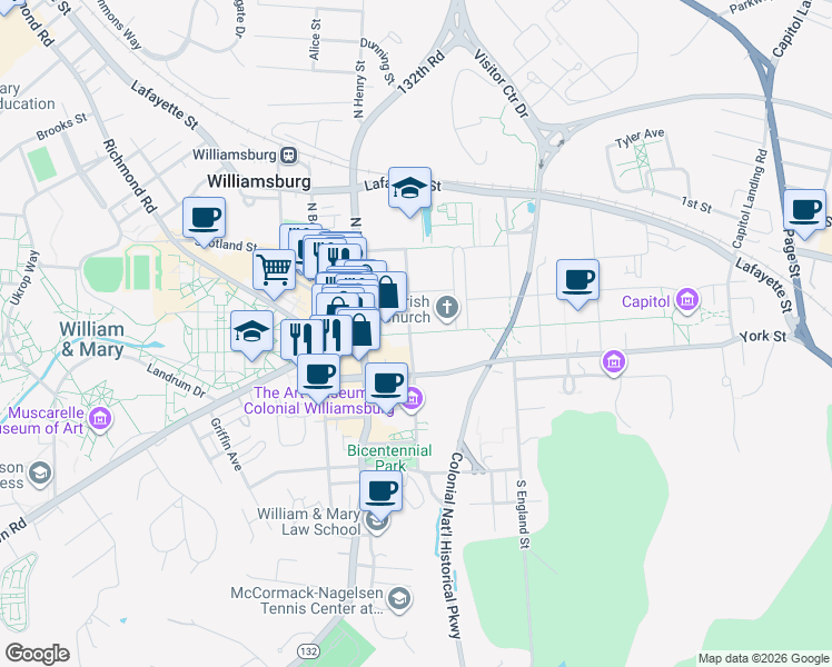map of restaurants, bars, coffee shops, grocery stores, and more near West Duke of Gloucester Street in Williamsburg