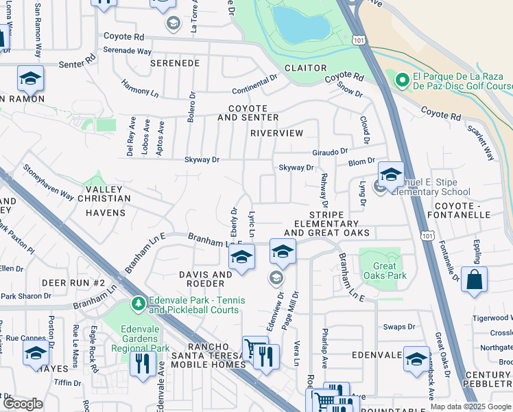 map of restaurants, bars, coffee shops, grocery stores, and more near 352 Via Primavera Drive in San Jose