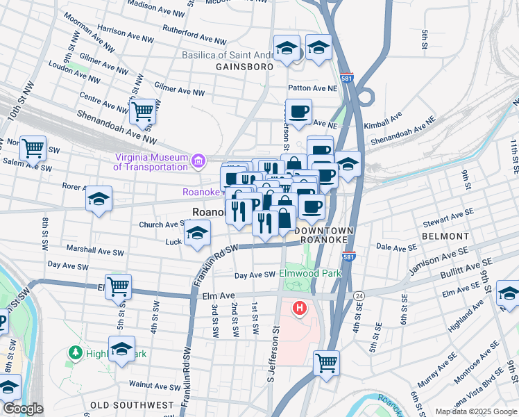 map of restaurants, bars, coffee shops, grocery stores, and more near 36 Kirk Avenue Southwest in Roanoke
