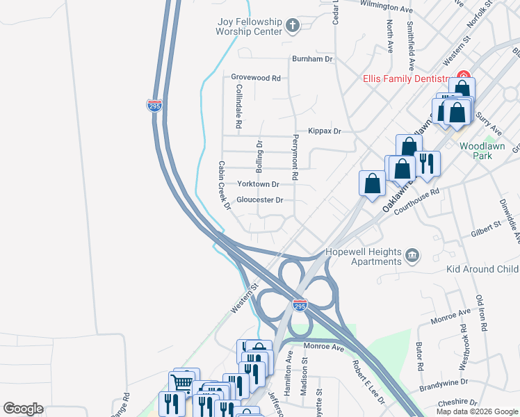 map of restaurants, bars, coffee shops, grocery stores, and more near 4001 Amery Court in Hopewell
