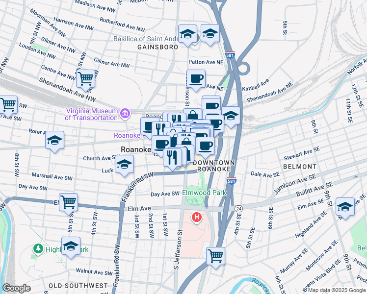 map of restaurants, bars, coffee shops, grocery stores, and more near in Roanoke