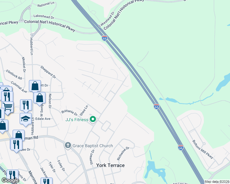 map of restaurants, bars, coffee shops, grocery stores, and more near 465 Queens Creek Road in Williamsburg