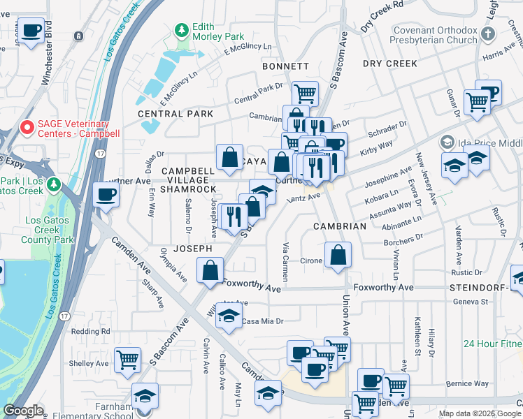 map of restaurants, bars, coffee shops, grocery stores, and more near 2819 Lantz Avenue in San Jose