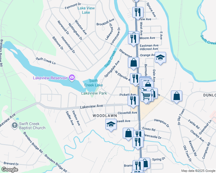 map of restaurants, bars, coffee shops, grocery stores, and more near 412 Lake Avenue in Colonial Heights