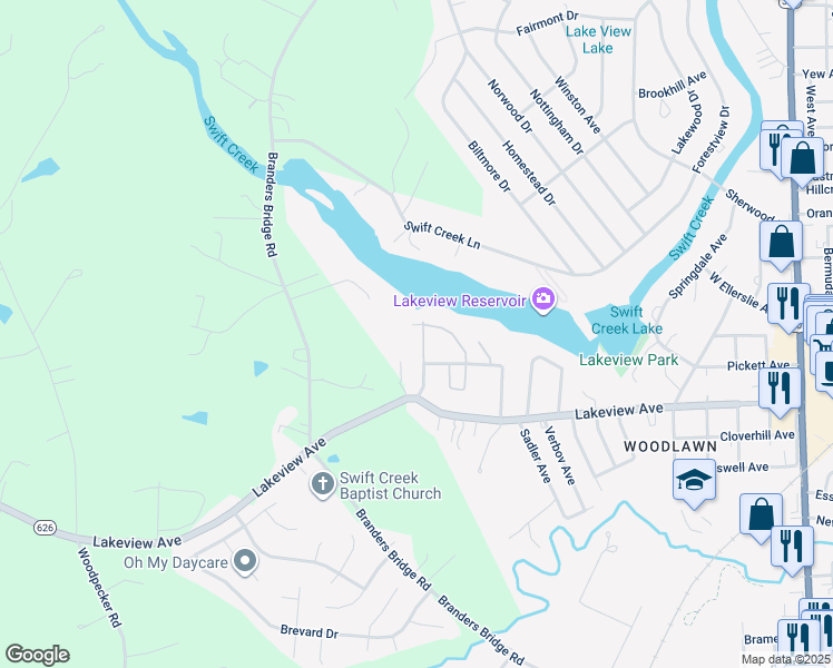 map of restaurants, bars, coffee shops, grocery stores, and more near 207 Cabell Drive in Colonial Heights