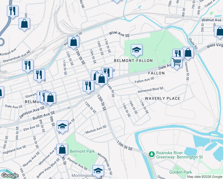 map of restaurants, bars, coffee shops, grocery stores, and more near 929 14th St SE in Roanoke