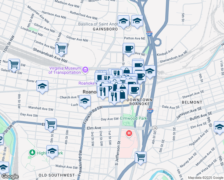 map of restaurants, bars, coffee shops, grocery stores, and more near in Roanoke