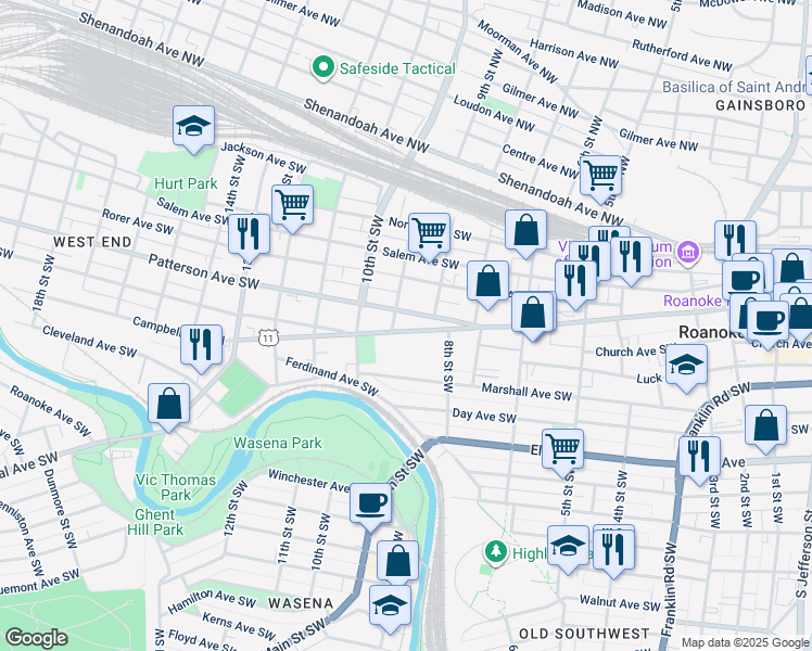 map of restaurants, bars, coffee shops, grocery stores, and more near 846 Campbell Avenue Southwest in Roanoke