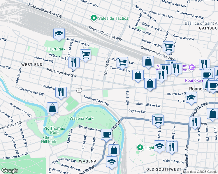 map of restaurants, bars, coffee shops, grocery stores, and more near 846 Campbell Avenue Southwest in Roanoke