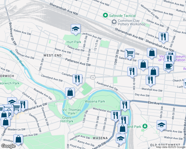 map of restaurants, bars, coffee shops, grocery stores, and more near 606 12th Street Southwest in Roanoke