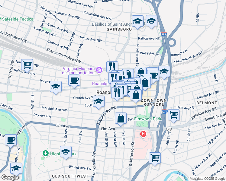map of restaurants, bars, coffee shops, grocery stores, and more near in Roanoke