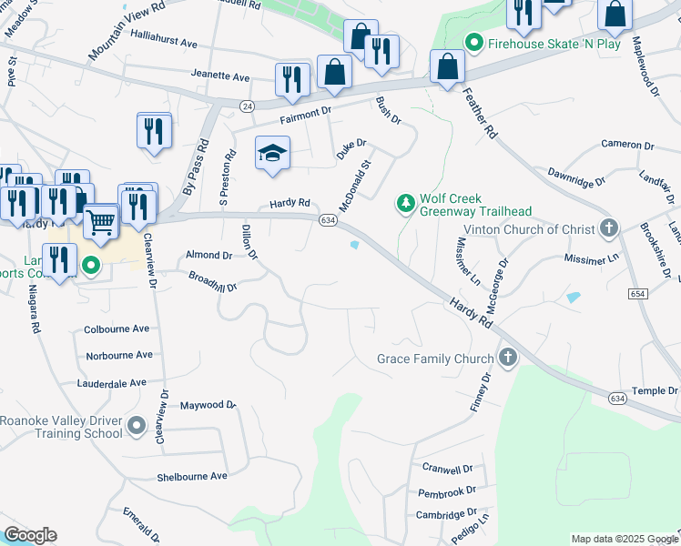 map of restaurants, bars, coffee shops, grocery stores, and more near 601 Aragona Drive in Vinton