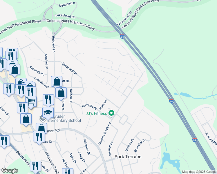 map of restaurants, bars, coffee shops, grocery stores, and more near 401-Z Golden Drive in Williamsburg