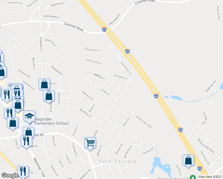 map of restaurants, bars, coffee shops, grocery stores, and more near 106 Chardonnay Road in Williamsburg