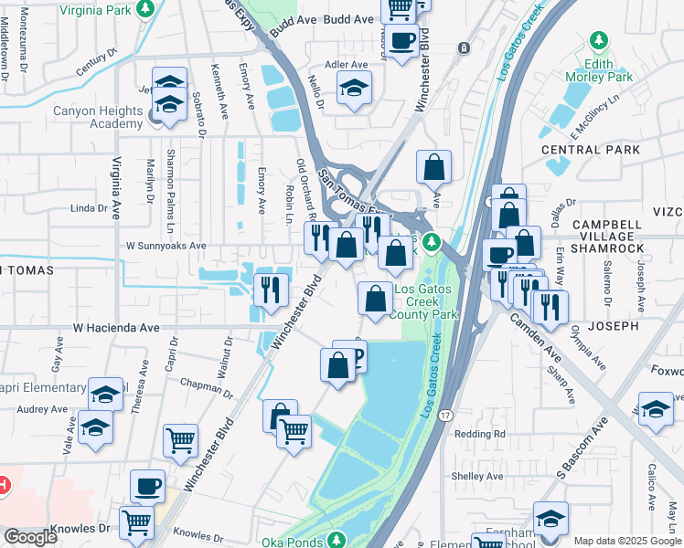 map of restaurants, bars, coffee shops, grocery stores, and more near 1077 Dell Avenue in Campbell