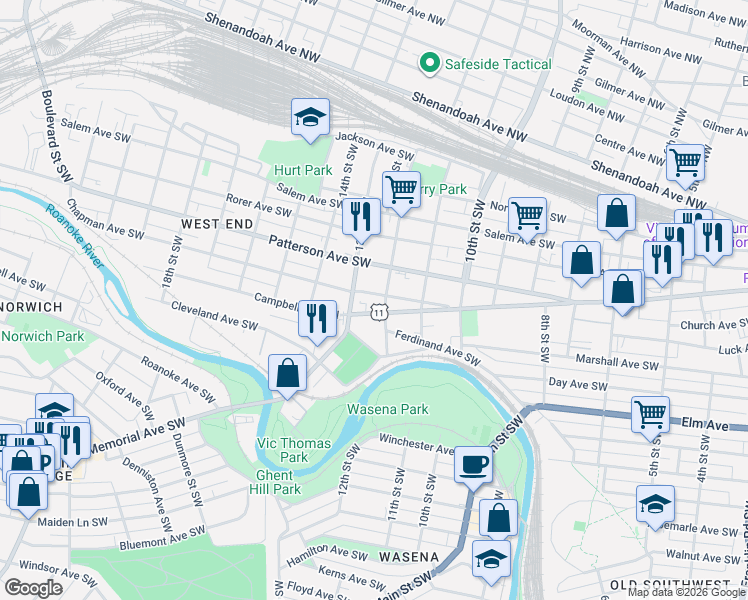 map of restaurants, bars, coffee shops, grocery stores, and more near 1230 Campbell Avenue Southwest in Roanoke