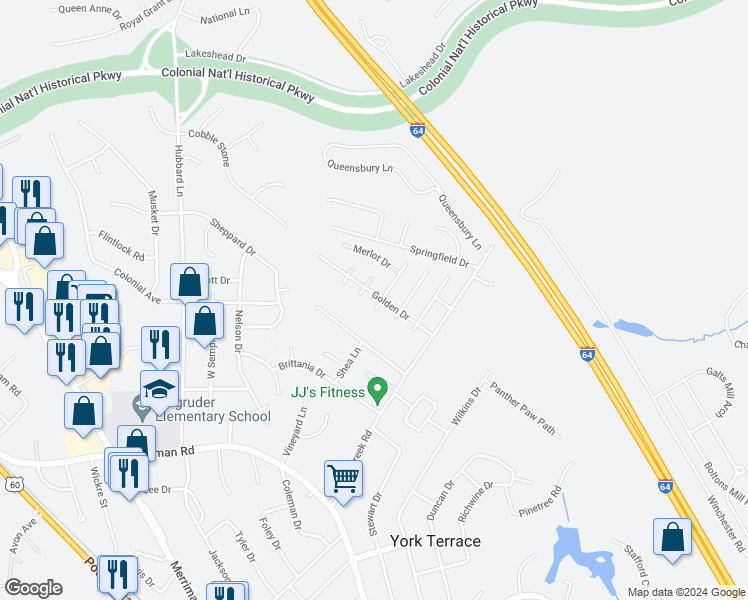 map of restaurants, bars, coffee shops, grocery stores, and more near 100 Bordeaux Court in Williamsburg