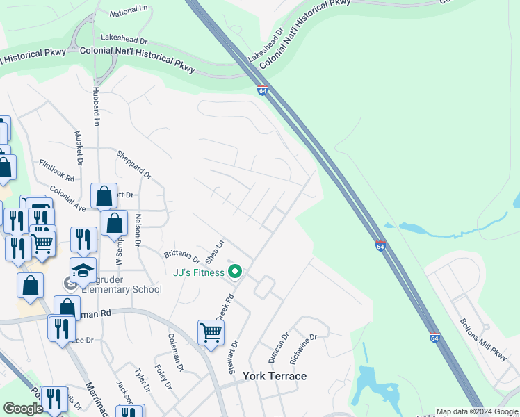 map of restaurants, bars, coffee shops, grocery stores, and more near 106 Chardonnay Road in Williamsburg