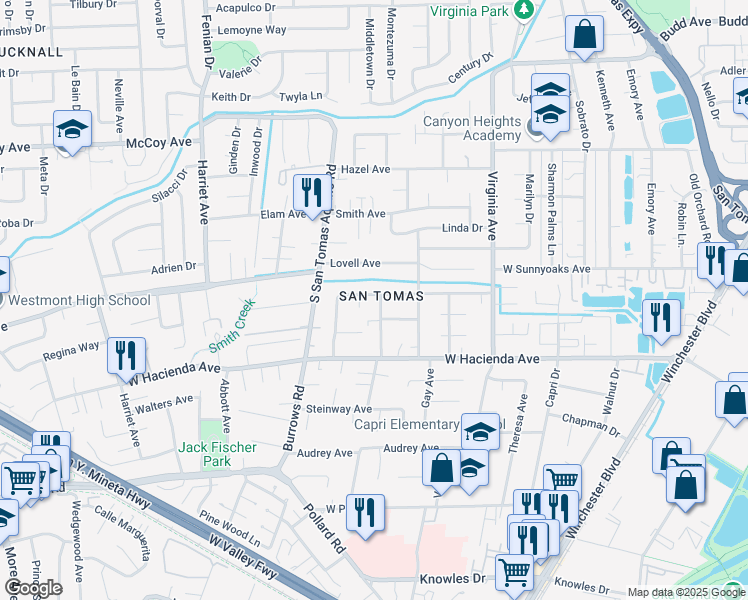 map of restaurants, bars, coffee shops, grocery stores, and more near 105 Trailblazer Place in Campbell