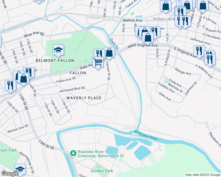 map of restaurants, bars, coffee shops, grocery stores, and more near 2111 Kenwood Boulevard in Roanoke
