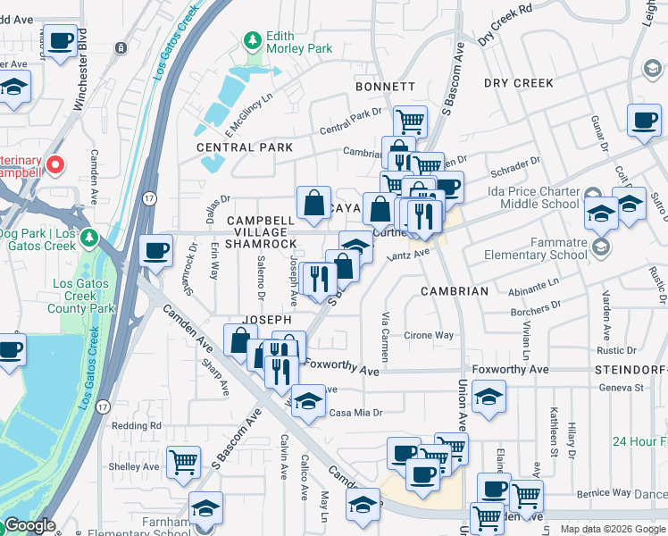 map of restaurants, bars, coffee shops, grocery stores, and more near 2871 South Bascom Avenue in San Jose