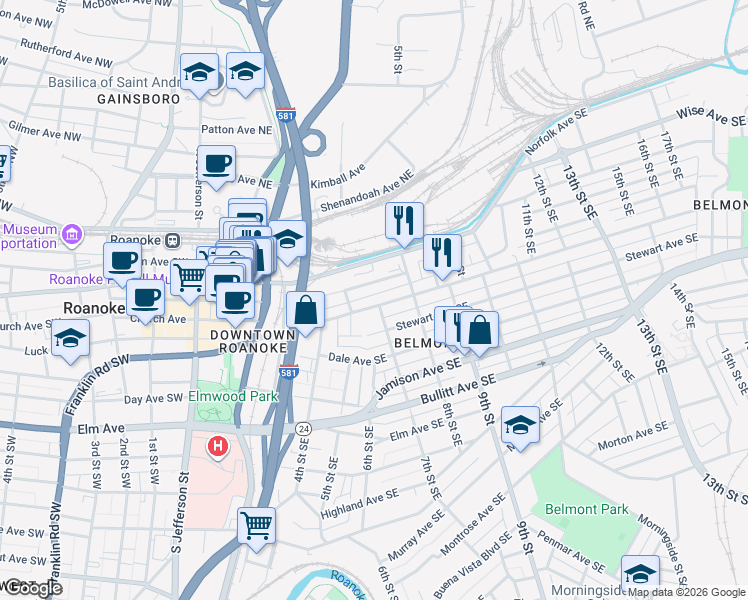 map of restaurants, bars, coffee shops, grocery stores, and more near 615 Tazewell Avenue Southeast in Roanoke