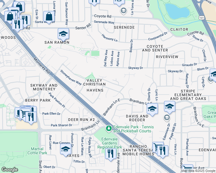 map of restaurants, bars, coffee shops, grocery stores, and more near 118 Aberhaven Court in San Jose
