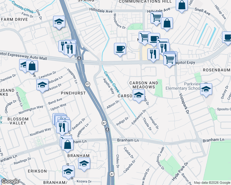 map of restaurants, bars, coffee shops, grocery stores, and more near 732 Amanda Drive in San Jose