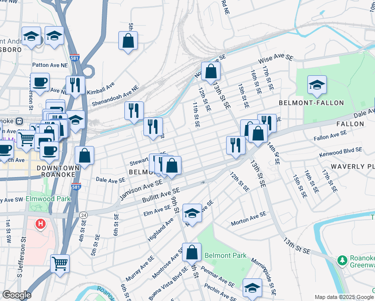 map of restaurants, bars, coffee shops, grocery stores, and more near 1004 Dale Avenue Southeast in Roanoke