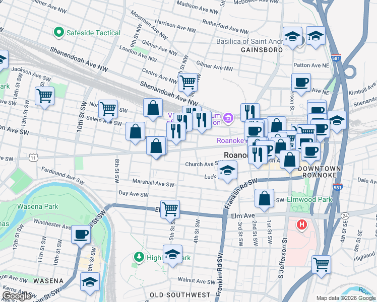 map of restaurants, bars, coffee shops, grocery stores, and more near 501 Church Avenue Southwest in Roanoke