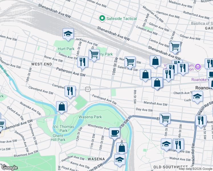 map of restaurants, bars, coffee shops, grocery stores, and more near 509 10th Street in Roanoke
