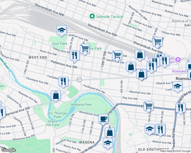 map of restaurants, bars, coffee shops, grocery stores, and more near 1034 Campbell Avenue Southwest in Roanoke