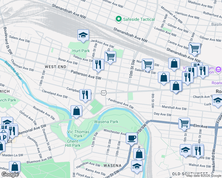 map of restaurants, bars, coffee shops, grocery stores, and more near 606 12th Street Southwest in Roanoke