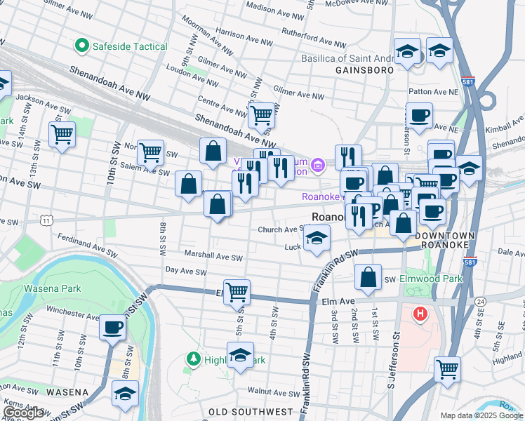 map of restaurants, bars, coffee shops, grocery stores, and more near 501 Church Avenue Southwest in Roanoke
