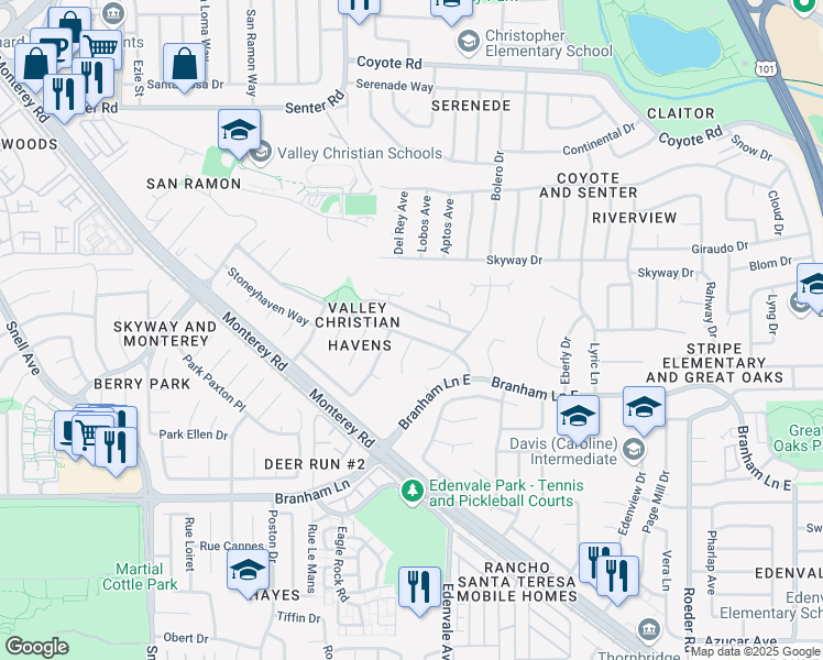 map of restaurants, bars, coffee shops, grocery stores, and more near 4614 Houndshaven Way in San Jose