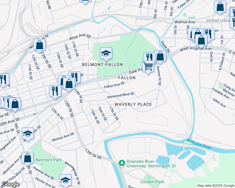 map of restaurants, bars, coffee shops, grocery stores, and more near 1814 Kenwood Boulevard Southeast in Roanoke