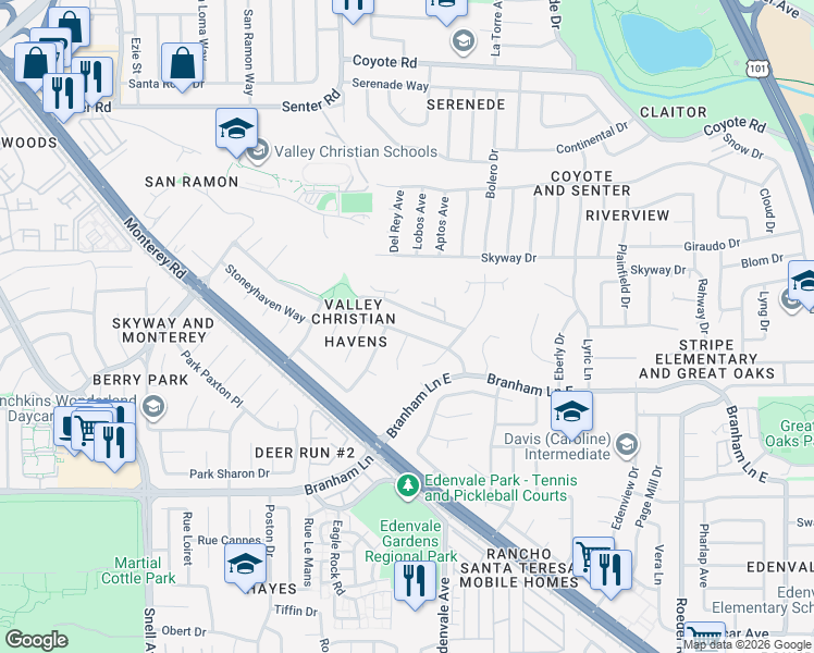 map of restaurants, bars, coffee shops, grocery stores, and more near 4614 Houndshaven Way in San Jose
