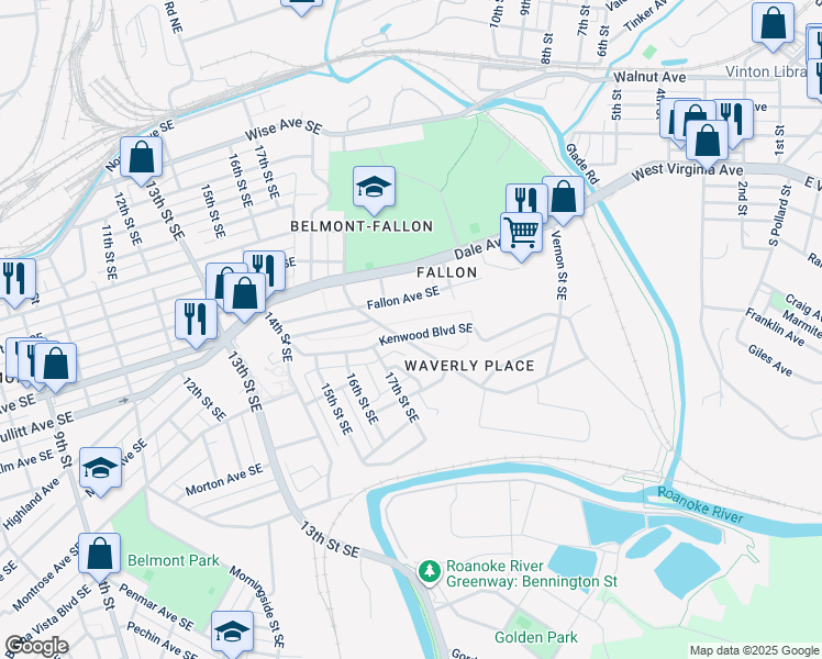 map of restaurants, bars, coffee shops, grocery stores, and more near 1810 Kenwood Boulevard Southeast in Roanoke