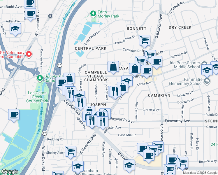 map of restaurants, bars, coffee shops, grocery stores, and more near 2786 Joseph Avenue in San Jose