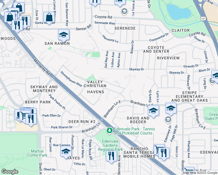 map of restaurants, bars, coffee shops, grocery stores, and more near 118 Aberhaven Court in San Jose