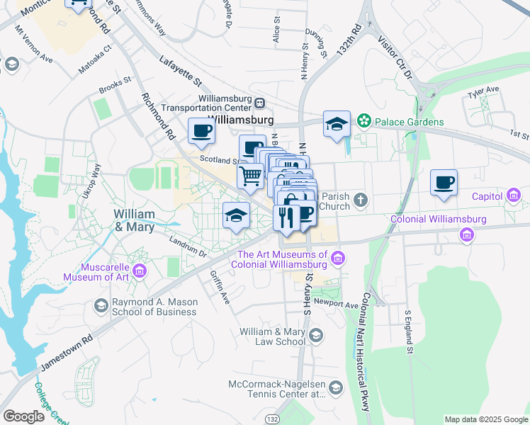 map of restaurants, bars, coffee shops, grocery stores, and more near 102 Richmond Road in Williamsburg